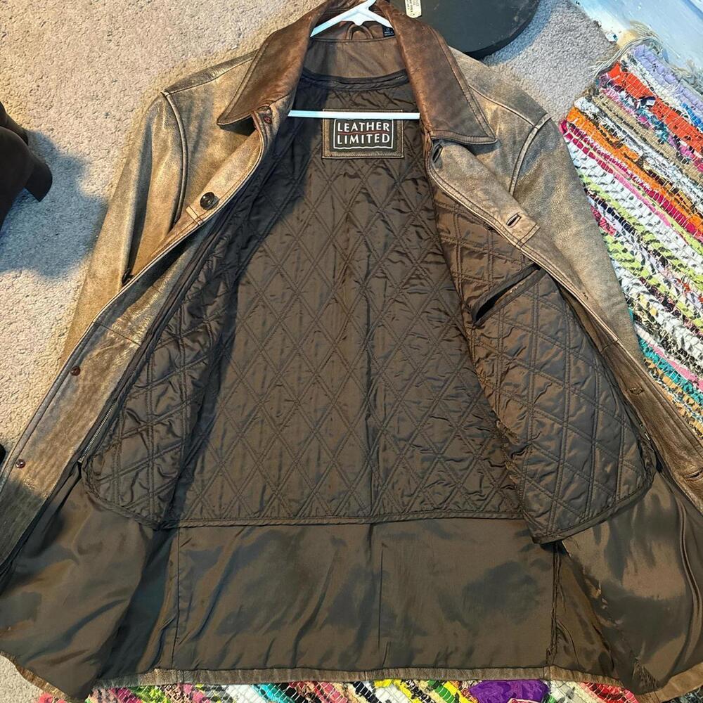 VINTAGE Distressed Earth Tone Leather Car Coat - Y2K Leather Limited Size LT - Picture 7 of 8